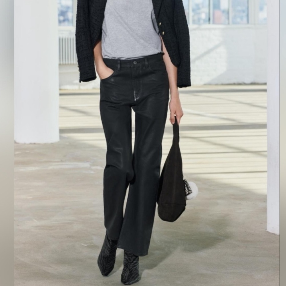 Zara Black Wax Coated Relaxed Fit Jeans Straight Leg Size 2”
